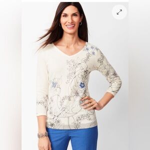 Talbots Double V Neck Sweater Women’s Large Floral Ivory Multicolor Cotton Silk